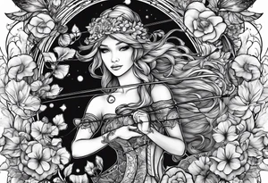 Recurve bow and arrow, mushrooms, fairies tattoo idea