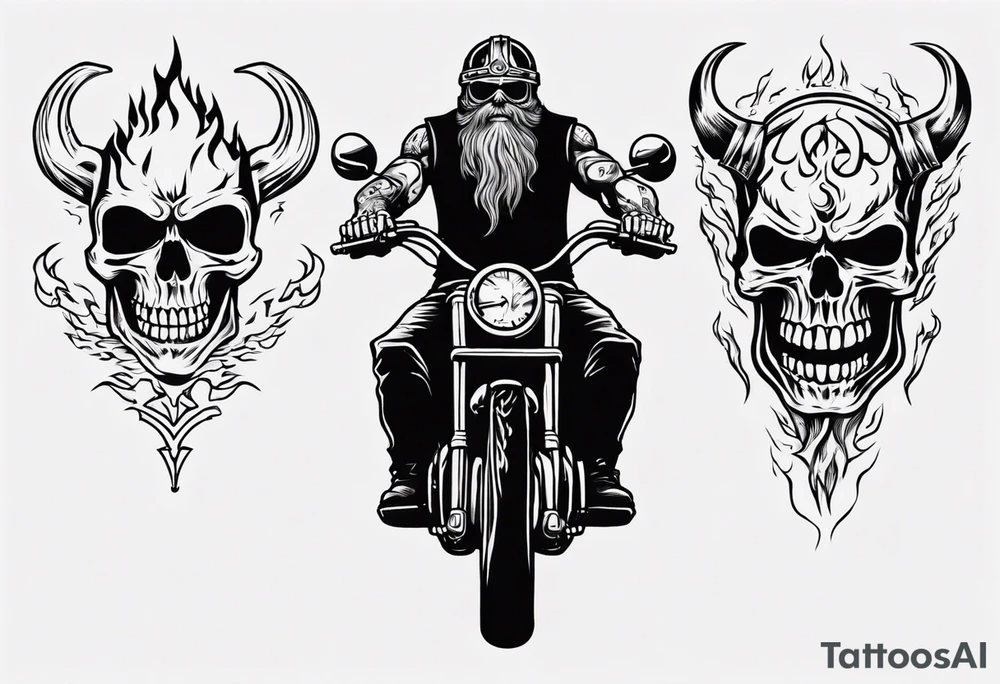 A skeleton riding a motorcycle with flames front view and a big viking face in the background tattoo idea