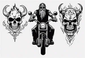 A skeleton riding a motorcycle with flames front view and a big viking face in the background tattoo idea