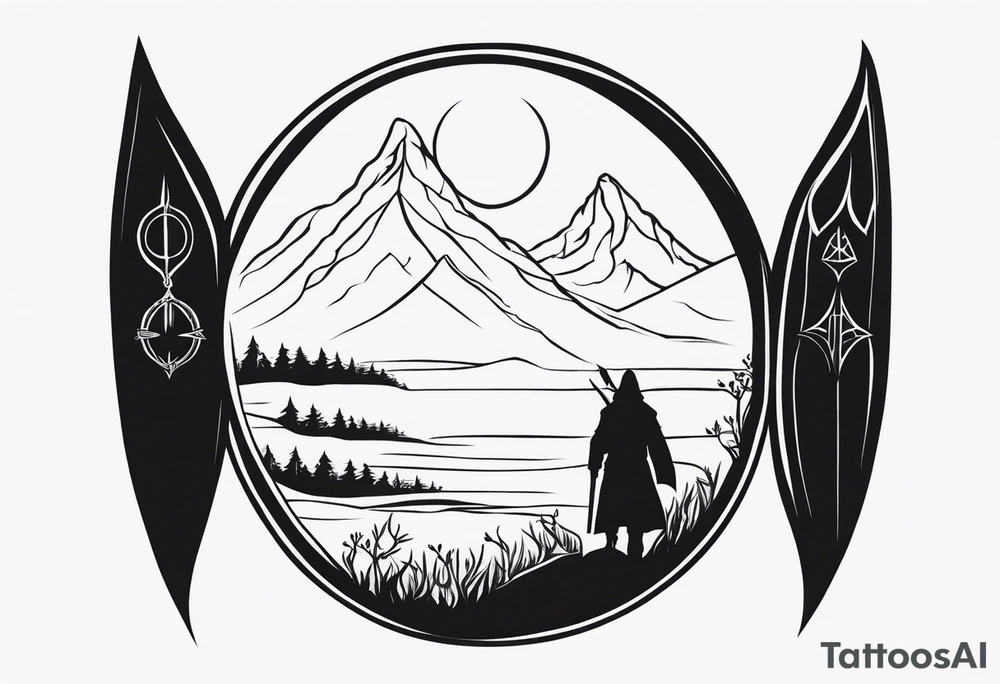 Lord of the rings main with Harry Potter mashup but clear independent visual of both movies. Small simple and minimal. No people in it. Not too much black. Hobbit door tattoo idea