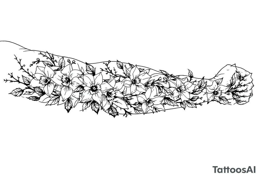 sleeve of holly and daffodils tattoo idea