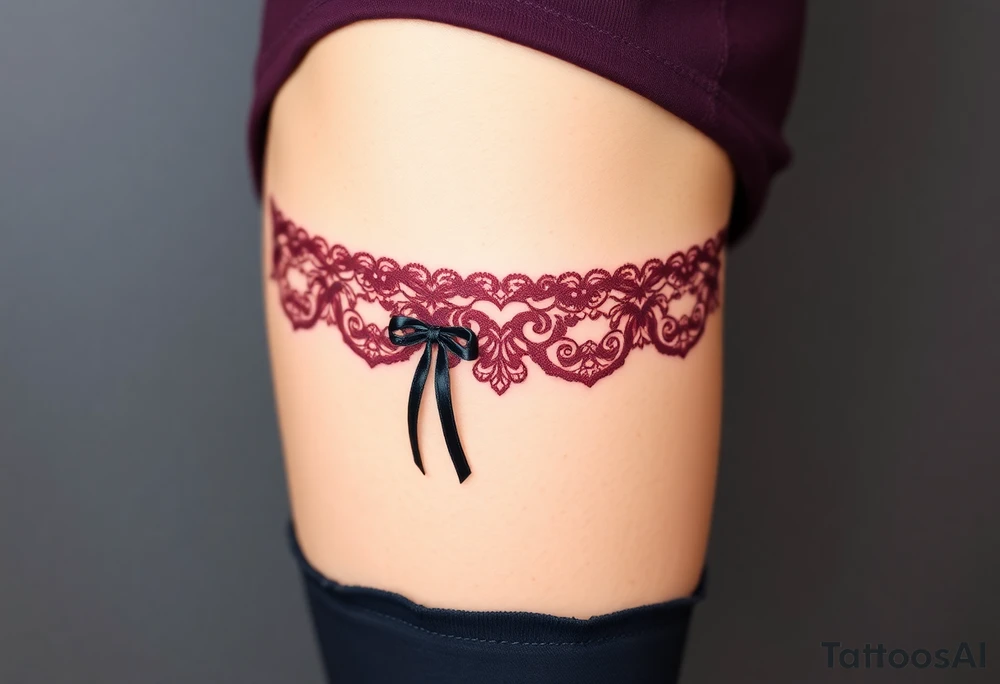 A deep burgundy lace garter tattoo with black velvet ribbon tattoo idea