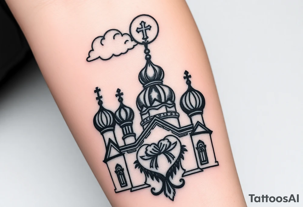 Russian Orthodox church with orthodox spire crosses, with clouds above it and a virgin mary seperately looking over hands on heart sat above tattoo idea