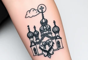 Russian Orthodox church with orthodox spire crosses, with clouds above it and a virgin mary seperately looking over hands on heart sat above tattoo idea