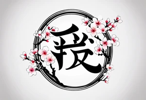 “Shadow”kanji inside half circle with small cherry blossoms tattoo idea