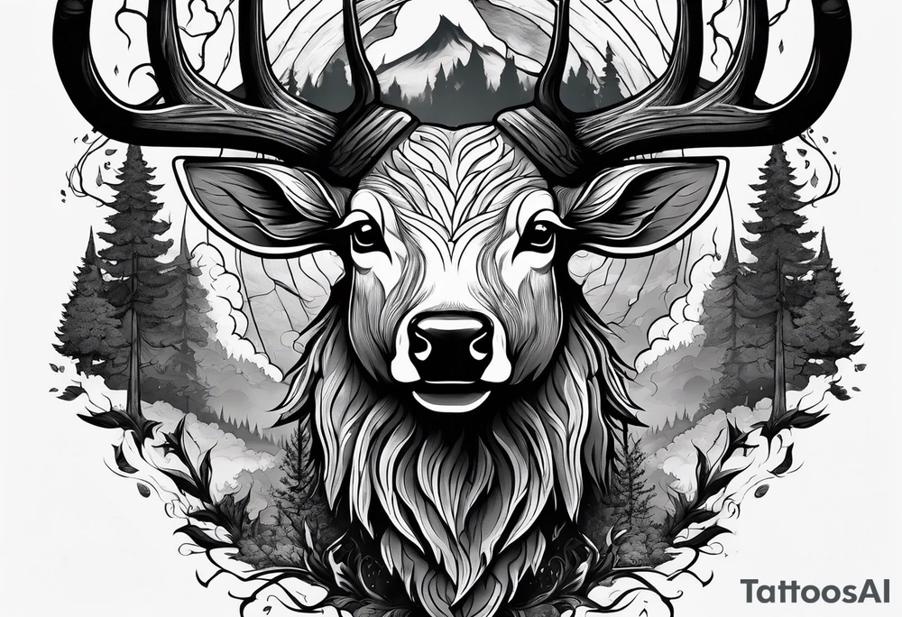 A frightening horror DECAYING deer head JUST BONE surrounded by a forest fire in background tattoo idea
