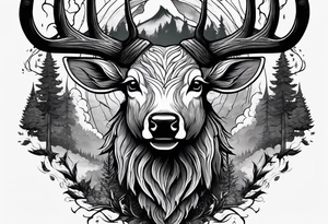A frightening horror DECAYING deer head JUST BONE surrounded by a forest fire in background tattoo idea
