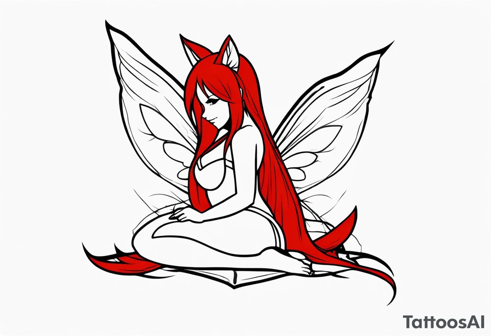 A fairy with a tail inspired by the logo of the show called Fairy Tail in a fetal position leaning in tattoo idea