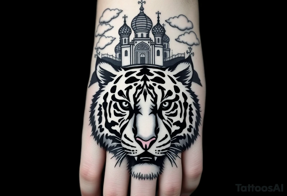 Realistic tiger face on the back of the hand with its eyes ALL black sitting beneath a Russian Orthodox cathedral sitting above on the top fore arm with onion domes and orthodox crosses. with clouds above and a virgin mary tattoo idea