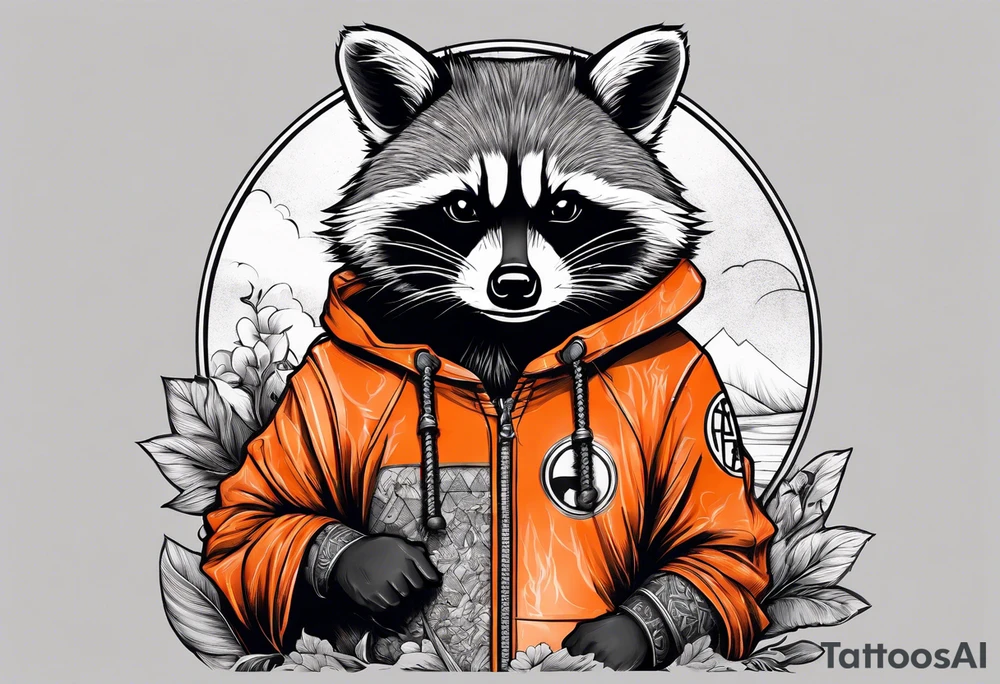Raccoon wearing an orange Superman hoodie tattoo idea