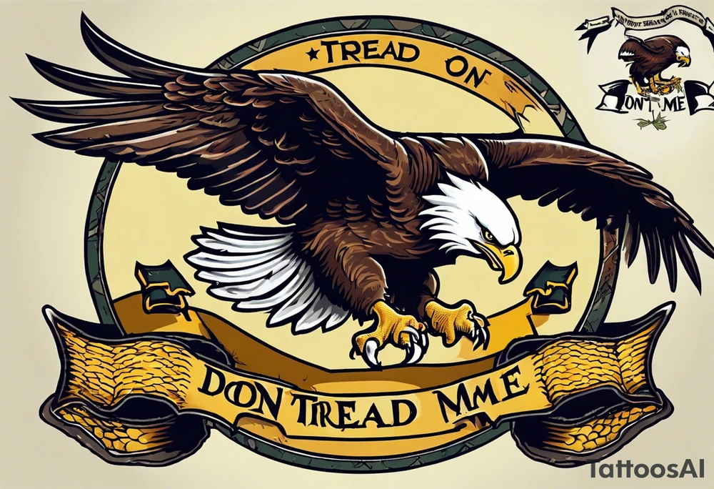 American traditional Bald Eagle carrying a snake in its talons, with a banner reading “don't tread on me” tattoo idea