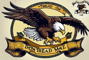 American traditional Bald Eagle carrying a snake in its talons, with a banner reading “don't tread on me” tattoo idea