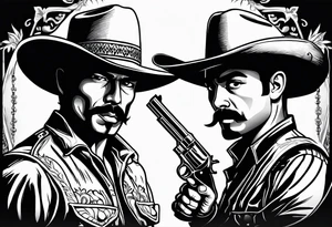 Small tattoo of A cowboy and a mexican bandito with guns drawn having a mexican standoff draw tattoo idea