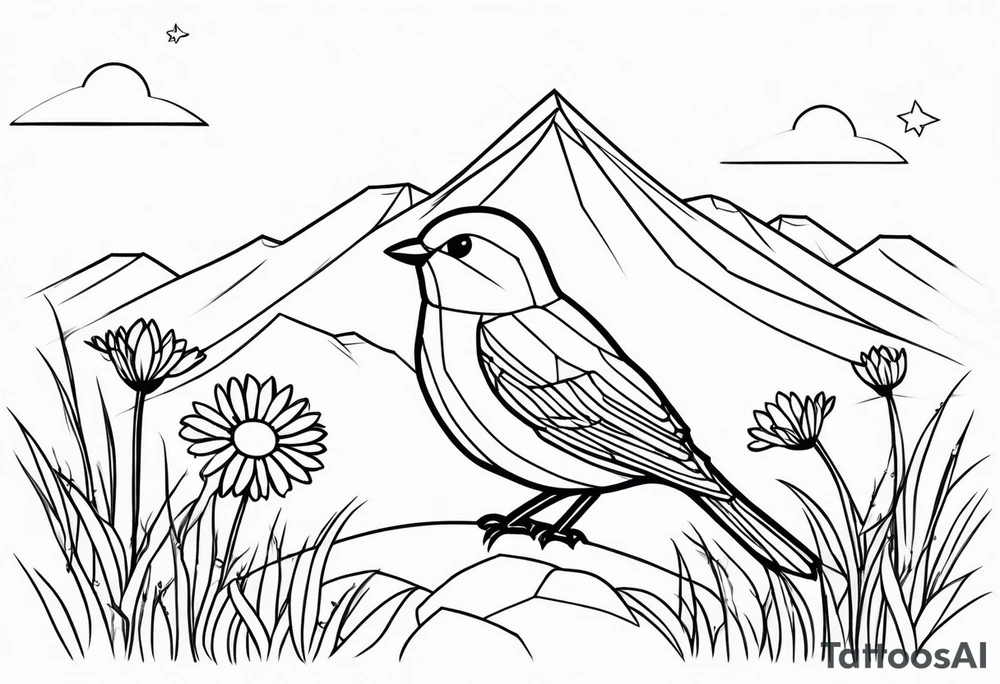 Geometric small bird outline sitting in grass and daisys with mountains in the background tattoo idea