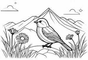 Geometric small bird outline sitting in grass and daisys with mountains in the background tattoo idea