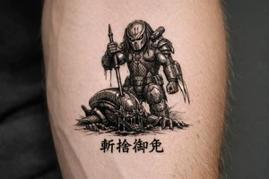 predator killing alien, alien is crawling from the ground. Predator stands up tall, driving his spear with his right hand through the xenomorphs big head with acid coming down, the spear nails the head to the ground. The predator's left shoulder has its laser gun pointed down. the Left forerarm has its famous doubled blade out. Predator's helment has its clan sign (the sign of an experience predator) marked in his helmet as an insignia. Below the image the japanese inscription for kirisute gomen tattoo idea