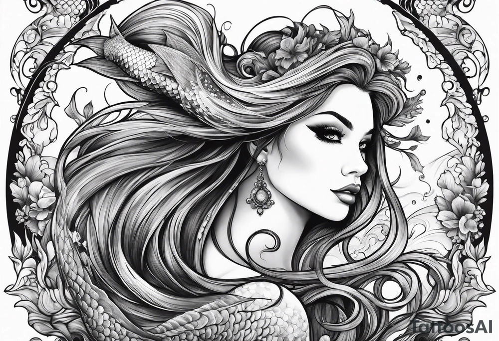 sexy full bodied mermaid with flowing tail and hair, tattoo sleeve tattoo idea
