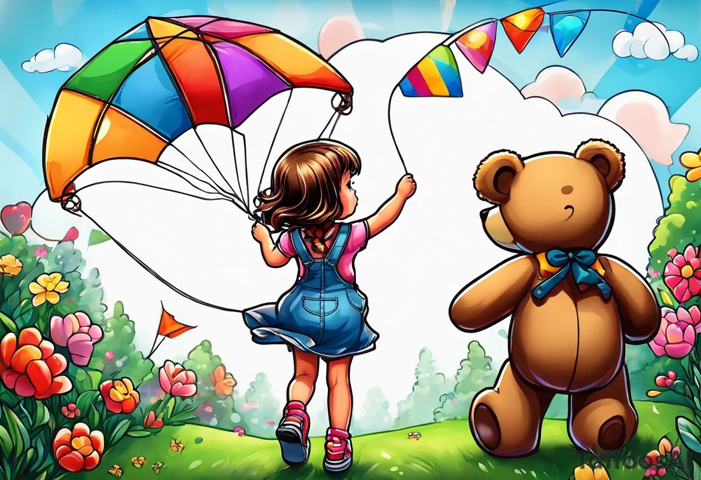 back image of a little girl in a dress, flying a kite, a teddy bear in overalls, standing beside her tattoo idea