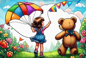 back image of a little girl in a dress, flying a kite, a teddy bear in overalls, standing beside her tattoo idea
