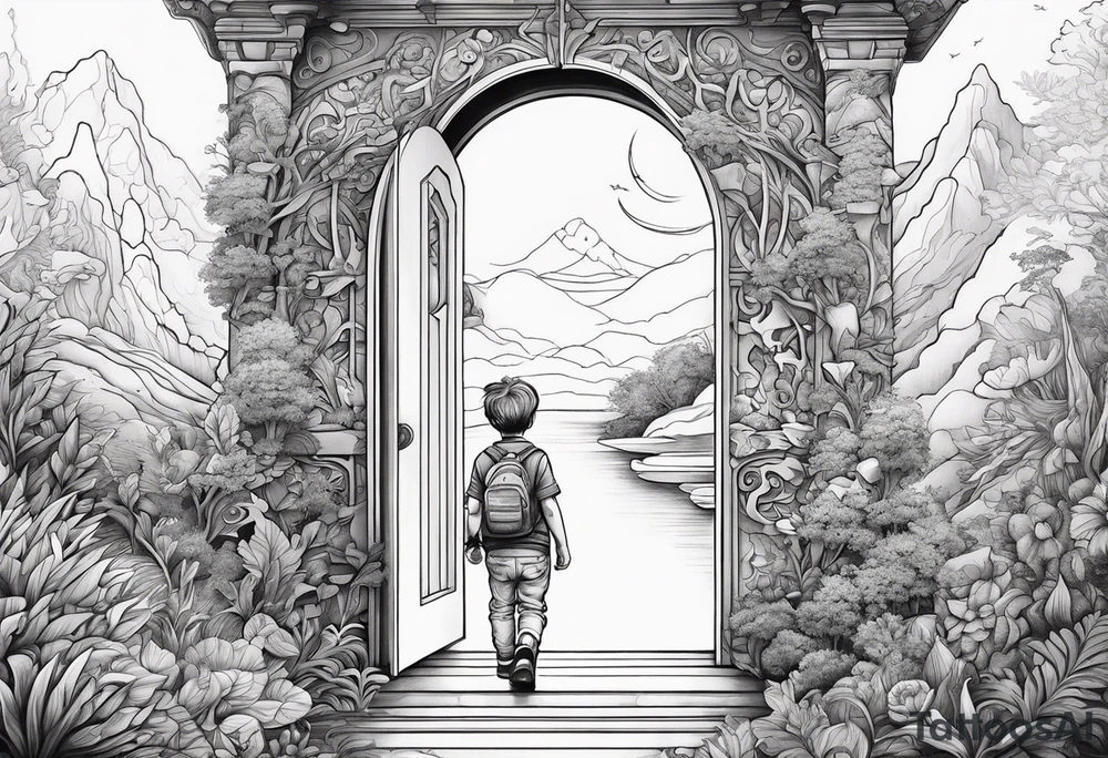 a small boy entering a doorway
 leading to a fantasy world filled with nature tattoo idea