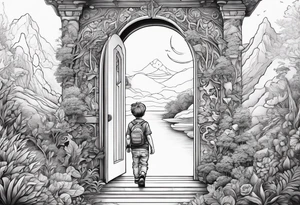 a small boy entering a doorway
 leading to a fantasy world filled with nature tattoo idea