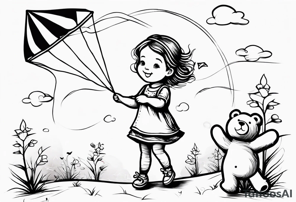 whimsical picture of a little girl flying a kite and holding a teddy bear tattoo idea
