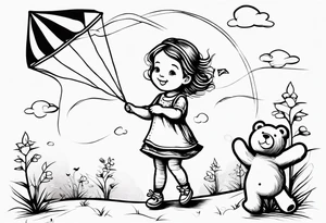 whimsical picture of a little girl flying a kite and holding a teddy bear tattoo idea