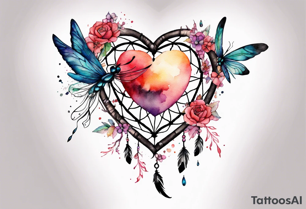 Watercolor tattoo of heart shaped dream catcher with cross going through the heart. Dragonfly flying on side tattoo idea