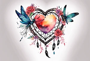 Watercolor tattoo of heart shaped dream catcher with cross going through the heart. Dragonfly flying on side tattoo idea