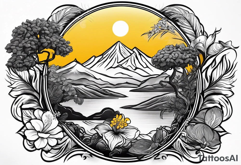 Tree, Sun, Arabian Jasmine, Lion, Books, Peacock feather, a Plate with rice, yellow lentils and potato fries, Hibiscus flower, and Sun coming from behind mountains tattoo idea