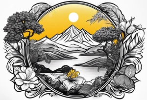 Tree, Sun, Arabian Jasmine, Lion, Books, Peacock feather, a Plate with rice, yellow lentils and potato fries, Hibiscus flower, and Sun coming from behind mountains tattoo idea