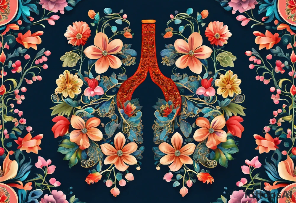 intricate and artistic arrangement of flowers and ornamental patterns that come together to form the shape of human lungs. The design should have a balance of delicacy and detail, with vibrant floral elements seamlessly intertwining to mimic the structure of the lungs, including the bronchi branching into floral motifs. Incorporate subtle shading and depth to give the tattoo a dynamic and organic feel, while maintaining elegance and symmetry tattoo idea