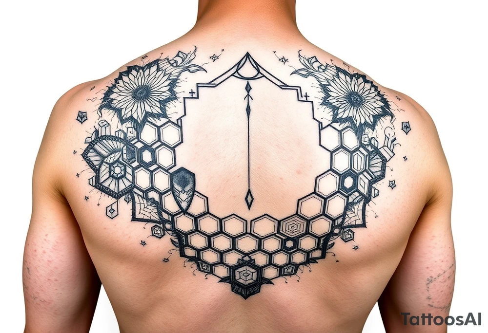 design a full sleeve tattoo that consists of a base layer of abstract hexagon pattern overlaid with a little blackwork abstract while incorporating the top tattoo and integrating slight biomech designs tattoo idea