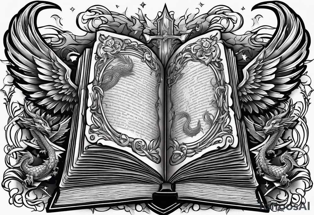 an empty open book with a sword through it, dragonwings and sparks surrounding the book. small design tattoo idea