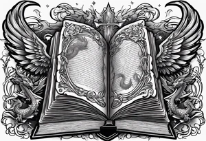an empty open book with a sword through it, dragonwings and sparks surrounding the book. small design tattoo idea