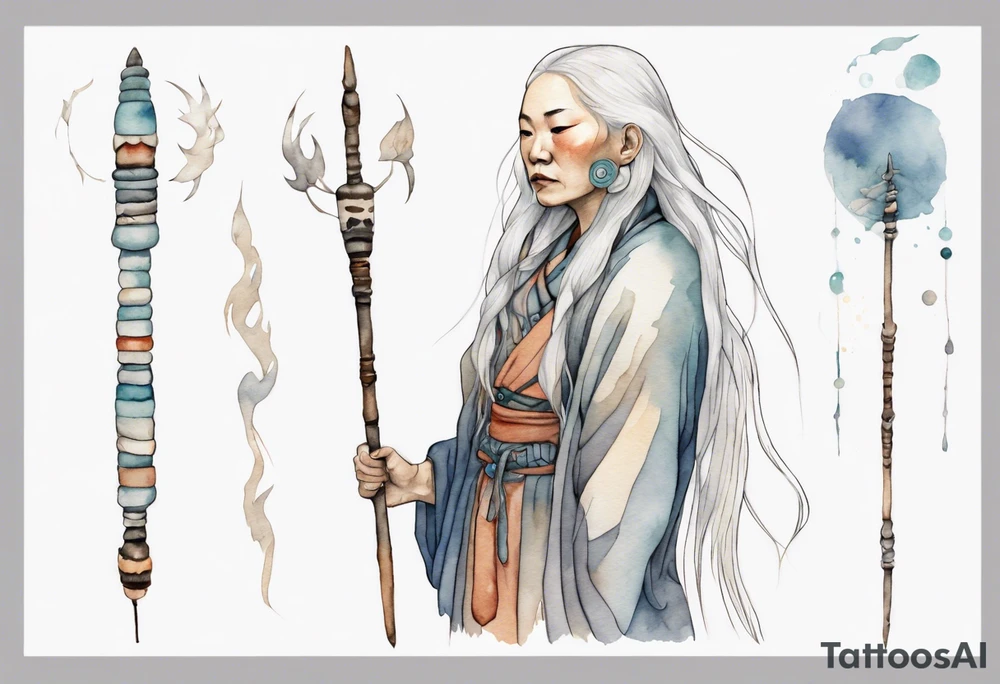 a solitary Inuit woman with long white hair holding onto a silver staff tattoo idea