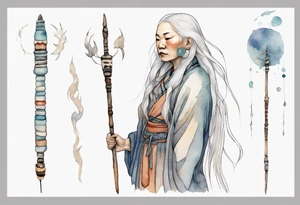 a solitary Inuit woman with long white hair holding onto a silver staff tattoo idea