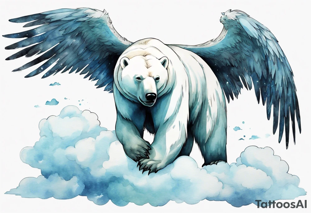 a polar bear with wings, standing on clouds blowing wind from his mouth tattoo idea