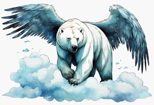 a polar bear with wings, standing on clouds blowing wind from his mouth tattoo idea