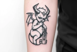 Demon baby with halo and angle wings and clock tower behind him tattoo idea