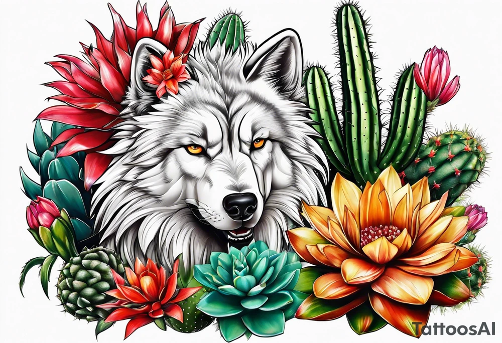 Lobo animal, cactos, flor tattoo idea