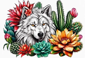 Lobo animal, cactos, flor tattoo idea