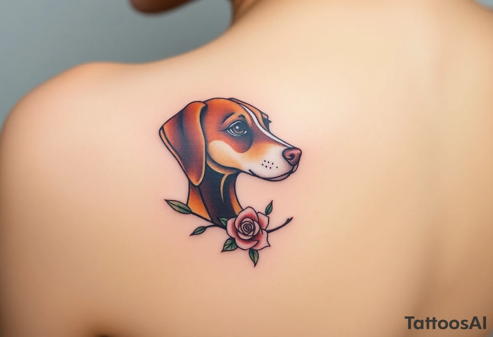 female  hound dog brown  Brindle with white strip going up snout   Slightly off center dog with the name kiwi . And a tiny rose around her . With her ears pointy a little big tattoo idea