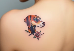 female  hound dog brown  Brindle with white strip going up snout   Slightly off center dog with the name kiwi . And a tiny rose around her . With her ears pointy a little big tattoo idea