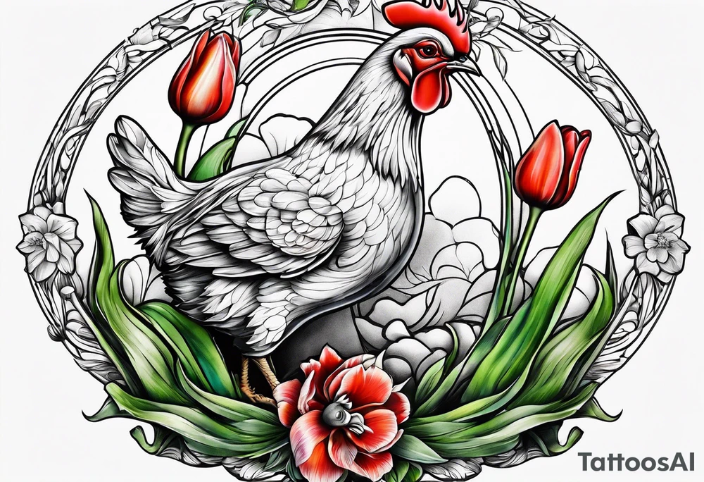 Delicate tulip and tiny chicken tattoo idea