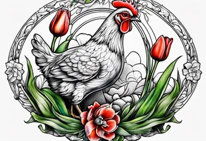 Delicate tulip and tiny chicken tattoo idea