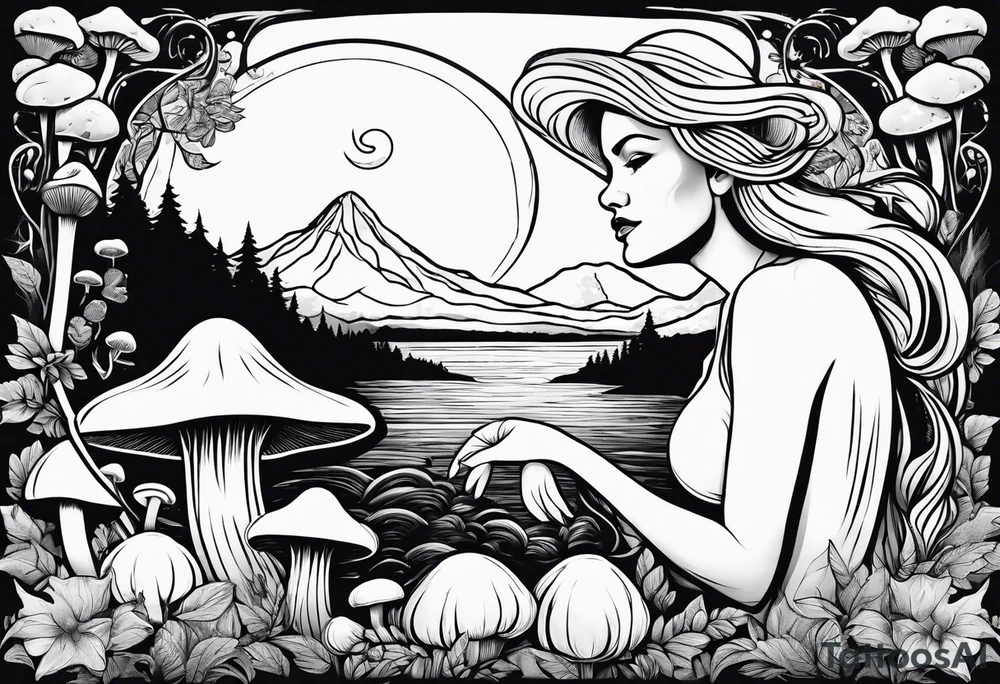 Older blonde fat woman no makeup surrounded by mushrooms mountains crescent moon background tattoo idea