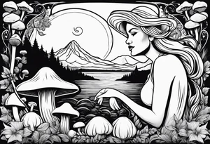 Older blonde fat woman no makeup surrounded by mushrooms mountains crescent moon background tattoo idea