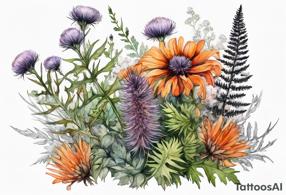 cascading mixed colored wildflowers with thistles, ferns, burnt orange flowers all in watercolor tattoo idea