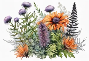 cascading mixed colored wildflowers with thistles, ferns, burnt orange flowers all in watercolor tattoo idea
